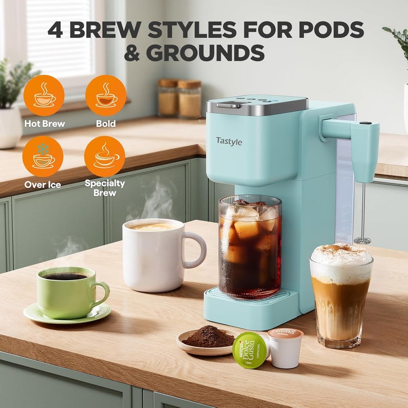 Tastyle Single Serve Coffee Maker with Built-in Detachable Milk Frother, Iced and Hot Coffee Machine for K Cup & Grounds, 40oz Removable Water Reservoir, 6 Cup Sizes, Fits 7.3" Travel Mug, Teal - Image 3